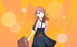 Rule 34 | 1girl, adjusting neck ribbon, arm at side, bag, belt, black belt, black ribbon, braid, breasts, brooch, brown bag, brown hair, buttons, circle, closed mouth, collared shirt, colorful palette, dot nose, eyelashes, frills, grey eyes, hair behind ear, hair ornament, hairclip, hanasato minori, hand up, high-waist skirt, highres, holding, holding bag, jewelry, long sleeves, medium hair, neck ribbon, official art, orange background, orange ribbon, orange theme, patterned clothing, pleated skirt, pleated sleeves, project sekai, puffy short sleeves, puffy sleeves, re-tie friendship (project sekai), ribbon, school bag, shirt, short sleeves, side slit, simple background, skirt, small breasts, smile, solo, striped ribbon, suspender skirt, suspenders, swept bangs, tareme, third-party source, triangle, two-tone sleeves, upper body, white shirt