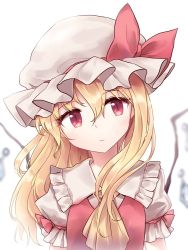 Rule 34 | 1girl, ascot, blonde hair, blush, bow, commentary request, crystal, flandre scarlet, frilled shirt collar, frills, hair between eyes, hair down, hat, hat bow, long hair, looking at viewer, minust, mob cap, one-hour drawing challenge, puffy short sleeves, puffy sleeves, red bow, red eyes, red vest, shirt, short sleeves, simple background, solo, touhou, upper body, vest, white background, white hat, white shirt, wings, yellow ascot