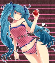 Rule 34 | 1girl, apple, aqua eyes, aqua hair, bad id, bad pixiv id, bow, camisole, food, fruit, hair bow, hair ribbon, hatsune miku, highres, holding, holding food, holding fruit, lingerie, long hair, midriff, navel, panties, polka dot, polka dot panties, ribbon, riko ame, romeo to cinderella (vocaloid), solo, twintails, underwear, vocaloid