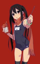 Rule 34 | bandaid, black hair, black socks, blue one-piece swimsuit, blush, bracelet, brown eyes, commentary request, food, highres, holding, holding food, jewelry, k-on!, kneehighs, long hair, looking at viewer, nakano azusa, one-piece swimsuit, open mouth, pocky, product placement, scarf, school swimsuit, simple background, socks, solo, swimsuit, twintails, very long hair, watanabe akio