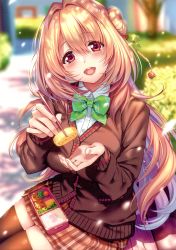 Rule 34 | 1girl, absurdres, bento, blonde hair, blurry, blurry background, blush, bow, brown thighhighs, buttons, chopsticks, day, fingernails, food, highres, long sleeves, looking at viewer, omelet, original, outdoors, piromizu, red eyes, scan, school uniform, sitting, skirt, smile, solo, striped, sweater, tamagoyaki, thighhighs, zettai ryouiki