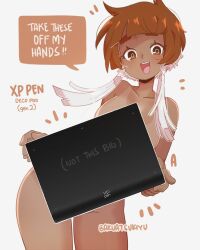 Rule 34 | 1girl, artist name, bakuatsukiyu, blush, brown eyes, brown hair, censored, collarbone, commentary, cowboy shot, dark-skinned female, dark skin, drawing tablet, english commentary, english text, looking at viewer, novelty censor, nude, open mouth, original, short hair, simple background, smile, solo, white background