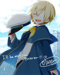 Rule 34 | 1boy, backlighting, bandage over one eye, blonde hair, bloom, blue capelet, blue jacket, blue sky, blush, building, capelet, character name, closed eyes, cloud, cloudy sky, cowboy shot, day, english text, fang, hand up, hat, holding, holding clothes, holding hat, jacket, male focus, mizuhoshi taichi, oliver (vocaloid), open mouth, outdoors, peaked cap, sailor collar, sailor hat, shirt, short hair, skin fang, sky, smile, solo, unworn hat, unworn headwear, vocaloid, white shirt