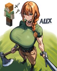 1girl absurdres alex_(minecraft) axe belt blush boots breasts choker green_eyes green_shirt highres holding holding_axe large_breasts long_hair looking_at_viewer minecraft minecraft_axe minecraft_sword open_mouth orange_hair pants shirt short_sleeves smile solo sword weapon white_background wolffeld_price