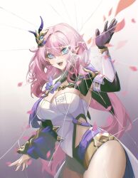 Rule 34 | 1girl, absurdres, black shorts, blue eyes, breasts, broken glass, cleavage, commentary request, corset, cowboy shot, detached sleeves, elf, elysia (honkai impact), elysia (miss pink elf) (honkai impact), falling petals, frills, glass, gloves, hair between eyes, hair ornament, highres, honkai (series), honkai impact 3rd, long hair, looking at viewer, medium breasts, open mouth, petals, pink hair, pointy ears, short shorts, shorts, single glove, solo, strapless, thighs, tutou jiang, very long hair, white corset