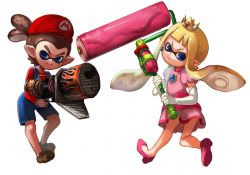 Rule 34 | 1boy, 1girl, blonde hair, blue eyes, brooch, brown hair, cosplay, crown, dress, earrings, elbow gloves, gloves, gun, hat, inkling, inkling boy, inkling girl, inkling player character, jewelry, mario, mario (cosplay), mario (series), monster boy, monster girl, nintendo, nishizawa, paint roller, pink dress, pointy ears, ponytail, princess peach, princess peach (cosplay), shorts, simple background, splat roller (splatoon), splatoon (series), splatoon 1, suspenders, tentacle hair, weapon