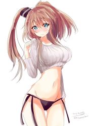 Rule 34 | 1girl, alternate costume, bikini, black bikini, blue eyes, blush, breasts, brown hair, closed mouth, hair between eyes, hair ornament, hizaka, kantai collection, large breasts, long hair, long sleeves, looking at viewer, navel, one-hour drawing challenge, ponytail, saratoga (kancolle), side ponytail, simple background, smokestack, smokestack hair ornament, solo, sweat, sweater, swimsuit, thighs, twitter username, white background