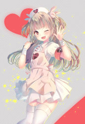 Rule 34 | &gt; &lt;, 1girl, ;d, apron, arm up, armband, bandaged arm, bandages, blush, center frills, collared shirt, commentary request, diagonal stripes, frills, hair ornament, hat, head tilt, heart, light brown hair, long hair, looking at viewer, natori sana, nemuri nemu, nurse cap, one eye closed, open mouth, pink apron, pleated skirt, puffy short sleeves, puffy sleeves, rabbit hair ornament, red eyes, sana channel, shirt, short sleeves, signature, skirt, smile, solo, striped, striped background, thighhighs, two side up, very long hair, virtual youtuber, white hat, white shirt, white skirt, white thighhighs