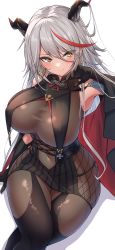 Rule 34 | 1girl, absurdres, aegir (azur lane), azur lane, bare shoulders, black gloves, blush, bodysuit, breasts, closed mouth, covered navel, crossed legs, earrings, elbow gloves, gloves, grey hair, hair between eyes, highres, horns, jewelry, large breasts, long hair, looking at viewer, multicolored hair, red eyes, rikiddo (tise 00), simple background, smile, solo, streaked hair, thighs, white background, yellow eyes