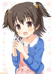 Rule 34 | 10s, 1girl, :d, akagi miria, black hair, blush, breast pocket, brown eyes, collarbone, commentary request, denim, denim jacket, flat chest, hair ornament, head tilt, high-waist skirt, idolmaster, idolmaster cinderella girls, idolmaster cinderella girls starlight stage, interlocked fingers, jacket, kaiware-san, lace trim, long sleeves, looking at viewer, multicolored background, open mouth, own hands clasped, own hands together, pink shirt, pink skirt, pocket, print skirt, shirt, short hair, skirt, smile, solo, star (symbol), star print, twitter username, two side up, upper body