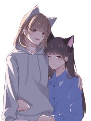 Rule 34 | 2girls, animal ears, bandage on neck, blue shirt, brown eyes, brown hair, cat ears, chinese commentary, collared shirt, commentary request, drawstring, grey hoodie, hand on another&#039;s shoulder, hand on another&#039;s waist, hickey, highres, hood, hoodie, kemonomimi mode, liyuu, looking at viewer, love live!, love live! superstar!!, medium hair, multiple girls, payton naomi, real life, shirt, simple background, sitting, sitting on lap, sitting on person, voice actor, white background, yeyep0911, yuri