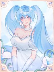 Rule 34 | 1girl, absurdres, bare shoulders, blue eyes, blue hair, breasts, choker, cleavage, collarbone, commentary, dress, hatsune miku, highres, long hair, looking at viewer, medium breasts, off-shoulder dress, off shoulder, puffy short sleeves, puffy sleeves, short sleeves, solo, somi (ooyuoa), twintails, upper body, very long hair, vocaloid, white choker, white dress
