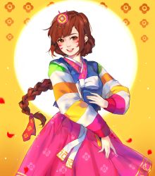 Rule 34 | 1girl, absurdres, blush, braid, brown eyes, brown hair, chinese new year, d.va (overwatch), dancing, facepaint, facial mark, floral print, hair ribbon, happy, highres, korean clothes, long hair, long sleeves, looking at viewer, new year, official alternate costume, open mouth, overwatch, overwatch 1, palanquin d.va, pink ribbon, ribbon, ruuto-kun, smile, solo, teeth, very long hair, whisker markings