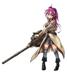 Rule 34 | 1girl, ahoge, belt, boots, cannon, coat, epaulettes, full body, fv215b 183, headset, original, over-kneehighs, personification, purple hair, red eyes, short shorts, shorts, solo, thighhighs, transparent background, trench coat, uldiana, white background, world of tanks, zettai ryouiki
