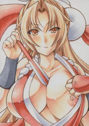 Rule 34 | 1girl, arm guards, blush, bracer, breast slip, breasts, brown eyes, brown hair, fatal fury, folded fan, folding fan, hand fan, large breasts, long hair, marker (medium), mechanical pencil, millipen (medium), nipples, one breast out, parted lips, pencil, pom pom (clothes), shiranui mai, simple background, slit pupils, solo, the king of fighters, traditional media, uneven eyes, white background, yutakasan-love