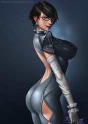 Rule 34 | 1girl, ass, bayonetta, bayonetta (series), bayonetta 2, black bodysuit, bodysuit, breasts, covered areolae, covered erect nipples, crossbowpussycat, glasses, gun, highres, huge ass, huge breasts, lips, makeup, mole, mole under mouth, red lips, sega, smile, standing, tagme, thick thighs, thighs, weapon