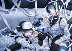 2boys, asymmetrical bangs, bandages, bangs, black hair, black headwear, black nails, black pants, black shirt, blue hair, brothers, candy, commentary request, couch, eyeshadow, feet out of frame, floyd leech, food, formal, hand up, hat, highres, jack-o&#039;-lantern, jade leech, licking, lollipop, looking at viewer, lying, lying on lap, makeup, male focus, mitsunari miyako, multicolored hair, multiple boys, nail polish, on stomach, pants, pillow, sharp teeth, shirt, short hair, siblings, signature, slit pupils, streaked hair, striped suit, suit, teeth, tongue, tongue out, twins, twisted wonderland, twitter username, white suit, yellow eyes