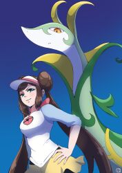 Rule 34 | 1girl, blue eyes, breasts, brown hair, closed mouth, creatures (company), frown, game freak, gen 5 pokemon, hat, long hair, moshi2hitomoshi, nintendo, pokemon, pokemon (creature), pokemon bw2, red eyes, rosa (pokemon), serperior, signature, smile, very long hair