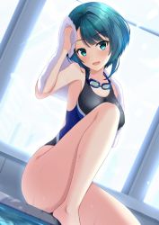 Rule 34 | 1girl, aizawa kazuha, assault lily, bare arms, bare legs, bare shoulders, barefoot, black one-piece swimsuit, blue eyes, blue hair, blue one-piece swimsuit, blunt bangs, blush, breasts, building, commentary request, competition swimsuit, cowboy shot, day, drying, drying hair, dutch angle, goggles, goggles around neck, gungun (hakutou7887), head tilt, holding, holding towel, indoors, knee up, lens flare, looking at viewer, medium breasts, medium hair, one-piece swimsuit, parted lips, pool, poolside, sitting, skyscraper, smile, solo, sunlight, swimsuit, towel, two-tone swimsuit, water, water drop, wet, wet hair, window