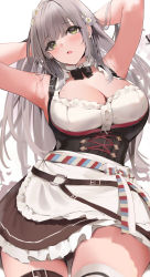 Rule 34 | 1girl, apron, arms behind head, arms up, black bow, black bowtie, blush, bodice, bow, bowtie, breasts, center frills, commentary request, cowboy shot, detached collar, dirndl, flower, frilled apron, frilled shirt, frills, german clothes, green eyes, hair flower, hair ornament, highres, hololive, large breasts, long hair, niii (memstapak), open mouth, shirogane noel, shirogane noel (dirndl), shirt, silver hair, simple background, solo, standing, thighhighs, thighs, virtual youtuber, white apron, white background, white flower, white shirt