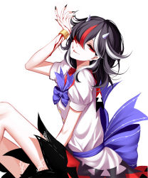Rule 34 | 1girl, absurdres, bad id, bad pixiv id, black hair, black nails, bleeding, blood, blood in hair, blood in mouth, blood on face, blood on hands, bloody hand, bracelet, breasts, cone horns, dress, grey horns, hair between eyes, hair over one eye, half-closed eye, hand up, highres, horns, jewelry, kijin seija, long hair, looking at viewer, multicolored hair, nail polish, puffy short sleeves, puffy sleeves, red eyes, red hair, sheya, short dress, short sleeves, simple background, small breasts, solo, streaked hair, thighs, tongue, tongue out, touhou, uneven eyes, white background, white dress, white hair