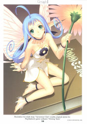 Rule 34 | ahoge, armpits, barefoot, blue hair, book, breasts, cleavage, cleavage cutout, clothing cutout, copyright name, dated, detached collar, fairy, flower, from above, full body, hair rings, highres, legs, long hair, maple (shining tears), mini person, minigirl, no bra, pointy ears, see-through, sega, shining (series), shining tears, sitting, skirt, solo, tony taka, very long hair, wings