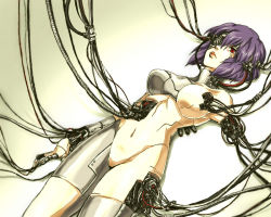 Rule 34 | 1girl, bad id, bad pixiv id, breasts, cable, cyborg, female focus, ghost in the shell, gradient background, hichiriki, kusanagi motoko, lips, no pussy, purple hair, red eyes, short hair, solo