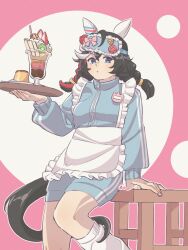 Rule 34 | 1girl, against table, alternate costume, alternate hairstyle, animal ears, apron, blue eyes, blue jacket, blue shorts, braid, commentary request, ear covers, eye mask, food, gaman, hair between eyes, hair ornament, highres, holding, holding tray, horse ears, horse girl, horse tail, jacket, jersey maid, katsuragi ace (umamusume), long hair, long sleeves, loose socks, maid, multicolored hair, parfait, pudding, shorts, socks, solo, streaked hair, tail, tassel, tassel hair ornament, tray, twin braids, umamusume, unconventional maid, white hair, white socks