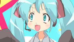 Rule 34 | :3, blue eyes, blue hair, crossover, hatsune miku, headset, kogami akira, lucky channel, lucky star, oversized clothes, parody, solo, twintails, vocaloid