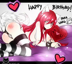 Rule 34 | 1girl, animal ears, bed, birthday, blush, breasts, cat ears, cat tail, gift, gradient background, green eyes, happy birthday, heart, katarina (league of legends), kittysuit, league of legends, long hair, nipples, nontraditional playboy bunny, pillow, red hair, sad face, scar, solo, spanked, tail, thighhighs
