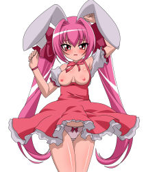 Rule 34 | 1girl, animal ears, bow, breasts, breasts out, cropped legs, di gi charat, dress, frills, hair bow, hands up, highres, long hair, looking at viewer, nipples, open mouth, panties, pink hair, pink panties, rabbit ears, red bow, red dress, red eyes, simple background, solo, standing, twintails, underwear, usada hikaru, wavy mouth, white background