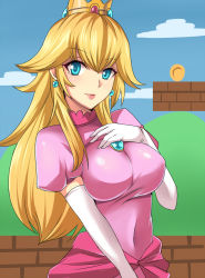 Rule 34 | 1girl, blonde hair, blue eyes, breast suppress, breasts, brooch, coin, crown, dress, earrings, elbow gloves, gloves, hand on own chest, jewelry, large breasts, long hair, looking at viewer, mario (series), nintendo, nishida megane, pink dress, princess peach, smile, solo, super mario bros. 1, white gloves