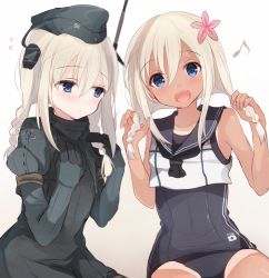 Rule 34 | 10s, 2girls, :d, alternate hairstyle, blonde hair, blue eyes, blush, braid, dual persona, flower, flying sweatdrops, garrison cap, gradient background, hair between eyes, hair flower, hair ornament, hat, hiiragi souren, kantai collection, long hair, looking at viewer, low twintails, multiple girls, musical note, open mouth, ro-500 (kancolle), school swimsuit, school uniform, serafuku, smile, swimsuit, swimsuit under clothes, tan, tanline, twin braids, twintails, u-511 (kancolle)