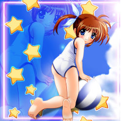 Rule 34 | 00s, 1girl, ball, bare shoulders, blackjunk, blue eyes, blush, brown hair, feet, from behind, lyrical nanoha, mahou shoujo lyrical nanoha, one-piece swimsuit, short twintails, smile, solo, star (symbol), swimsuit, takamachi nanoha, twintails, zoom layer