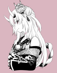Rule 34 | 1girl, bare shoulders, bell, closed mouth, from side, greyscale, greyscale with colored background, hair bell, hair ornament, hololive, horns, japanese clothes, jingle bell, kurose kousuke, long hair, looking at viewer, mask, mask on head, monochrome, multicolored hair, nakiri ayame, nakiri ayame (1st costume), oni, red hair, rope, skin-covered horns, sleeves past fingers, sleeves past wrists, smile, solo, spot color, streaked hair, virtual youtuber
