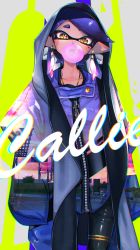 Rule 34 | + +, 1girl, bad id, bad twitter id, black hair, black pants, blowing bubbles, callie (splatoon), character name, chewing gum, chromatic aberration, coat, collarbone, cursive, earrings, glowing, grey background, grey coat, head tilt, highres, hood, hood up, hooded coat, hoop earrings, inkling, jacket, jewelry, kashu (hizake), light particles, long hair, long sleeves, looking at viewer, mole, mole under eye, monster girl, multicolored background, multicolored clothes, multicolored coat, multicolored jacket, necklace, nintendo, open mouth, pants, pointy ears, purple jacket, revision, shiny clothes, short eyebrows, skin tight, solo, splatoon (series), splatoon 1, standing, swept bangs, tentacle hair, thick eyebrows, tight clothes, tight pants, tongue, tongue out, translucent, wide sleeves, yellow background, yellow eyes, zipper, zipper pull tab
