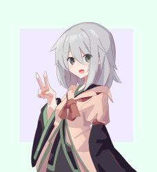 Rule 34 | 1girl, absurdres, black kimono, bow, bowtie, breasts, brown bow, brown bowtie, brown coat, coat, commentary, genderswap, genderswap (otf), green trim, grey eyes, grey hair, hair between eyes, hand up, highres, honeycthylla1, houlen yabusame, japanese clothes, kimono, layered sleeves, len&#039;en, long sleeves, medium hair, open mouth, puffy short sleeves, puffy sleeves, short over long sleeves, short sleeves, simple background, small breasts, smile, solo, v, wide sleeves