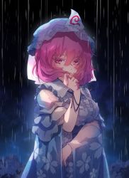 Rule 34 | 1girl, blue hat, blue kimono, blush, breasts, chiroru (cheese-roll), covering own mouth, frilled kimono, frilled sleeves, frills, hair between eyes, hat, highres, japanese clothes, kimono, large breasts, looking at viewer, mob cap, pink hair, rain, red eyes, saigyouji yuyuko, short hair, simple background, solo, touhou, triangular headpiece, wet, wet clothes, wide sleeves
