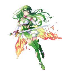 Rule 34 | 1girl, alternate costume, bare shoulders, blush, boots, cape, dress, elbow gloves, female focus, fire emblem, fire emblem: mystery of the emblem, fire emblem heroes, flower, full body, gloves, gradient clothes, green eyes, green hair, green thighhighs, hair flower, hair ornament, highres, holding, holding sword, holding weapon, long hair, looking away, matching hair/eyes, nintendo, non-web source, official art, one eye closed, open mouth, palla (fire emblem), saine, short dress, sleeveless, solo, sword, thigh boots, thighhighs, torn clothes, torn dress, torn gloves, torn thighhighs, transparent background, weapon, wince, zettai ryouiki