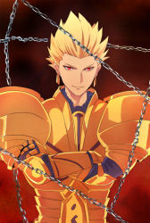Rule 34 | 1boy, armor, bad id, bad pixiv id, blonde hair, chain, crossed arms, earrings, enkidu (weapon) (fate), fate/zero, fate (series), gilgamesh (fate), hair slicked back, hair up, jewelry, male focus, nanasi69, red eyes, solo