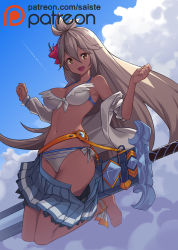 Rule 34 | 1girl, :d, armpits, artist name, bare legs, bare shoulders, barefoot, bikini, blue skirt, blue sky, blush, breasts, brown eyes, closed eyes, clothes pull, cloud, collarbone, dark-skinned female, dark skin, day, flower, full body, granblue fantasy, grey bikini, grey shirt, hair between eyes, hair flower, hair ornament, huge weapon, jumping, long hair, long sleeves, looking at viewer, medium breasts, miniskirt, navel, off shoulder, open clothes, open fly, open mouth, open shirt, patreon logo, petticoat, pleated skirt, saiste, sheath, sheathed, shirt, silver hair, skirt, skirt pull, sky, smile, solo, stomach, straight hair, swimsuit, sword, sword behind back, very long hair, watermark, weapon, web address, zooey (granblue fantasy), zooey (summer) (granblue fantasy)