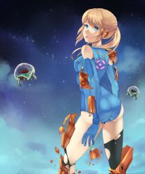 Rule 34 | 1girl, absurdres, adapted costume, ass, bad id, bad pixiv id, blonde hair, blue eyes, from behind, highres, metroid, metroid (creature), nintendo, ponytail, ragecndy, samus aran, torn clothes, zero suit