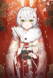 Rule 34 | 1girl, animal ears, arrow (projectile), braid, branch, chinese zodiac, closed mouth, commentary request, ema, floral print, flower, fur collar, green eyes, grey hair, hair between eyes, highres, holding, holding arrow, hu kotora, japanese clothes, kimono, long sleeves, nengajou, new year, obi, original, pink flower, print kimono, rabbit ears, sash, smile, solo, white kimono, wide sleeves, year of the rabbit