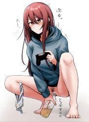Rule 34 | 1girl, bar censor, bottle, bottomless, brown eyes, brown hair, censored, female pubic hair, highres, hood, hoodie, idolmaster, idolmaster shiny colors, osaki tenka, panties around leg, peeing, peeing in bottle, playstation controller, pubic hair, pussy, simple background, solo, squatting