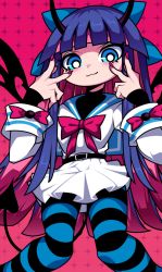 Rule 34 | :3, absurdres, aqua marine (aqua000marine), bad id, bad pixiv id, belt, black horns, black legwear, blue bow, blue eyes, blue legwear, blue sailor collar, blunt bangs, bow, colored inner hair, demon horns, demon tail, demon wings, double v, hair bow, highres, horns, long hair, looking at viewer, mini wings, multicolored hair, official style, panty &amp; stocking with garterbelt, pink background, pink bow, pink hair, purple hair, sailor collar, school uniform, serafuku, skirt, solo, spoilers, stocking (psg), striped clothes, striped legwear, striped thighhighs, tail, thighhighs, two-tone hair, v, v over eye, white skirt, wings
