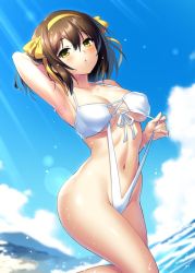 Rule 34 | 1girl, arm up, armpits, blue sky, breasts, brown hair, cleavage, cloud, commentary request, commission, day, hair between eyes, hair ribbon, hairband, medium breasts, navel, one-piece swimsuit, outdoors, ribbon, short hair, skeb commission, sky, slingshot swimsuit, solo, suzumiya haruhi, suzumiya haruhi no yuuutsu, swimsuit, white one-piece swimsuit, yellow eyes, yellow hairband, yellow ribbon, zen (kamuro)