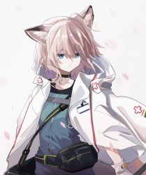 Rule 34 | 1girl, ahoge, animal ears, arknights, black choker, blue eyes, chinese commentary, choker, closed mouth, commentary request, cross, fox ears, fox girl, hibioes, highres, jacket, material growth, medic, open clothes, open jacket, oripathy lesion (arknights), red cross, short hair, solo, sussurro (arknights), white jacket