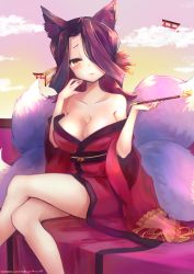 Rule 34 | 1girl, animal ear fluff, animal ears, artist name, bare legs, bare shoulders, blush, breasts, cleavage, cloud, collarbone, commentary, feet out of frame, flower, fox ears, fox girl, fox tail, hair flower, hair ornament, hair over one eye, holding, holding smoking pipe, japanese clothes, kimono, large breasts, crossed legs, light smile, long hair, long sleeves, looking at viewer, multiple tails, off shoulder, outdoors, patreon username, smoking pipe, purple hair, red kimono, sewayaki kitsune no senko-san, sitting, solo, sora (sewayaki kitsune no senko-san), tail, takuyarawr, torii, wide sleeves, yellow eyes