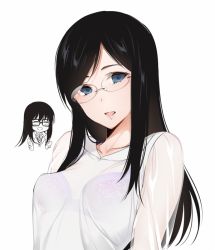 Rule 34 | 1girl, black hair, blue eyes, bra, breasts, floral print, glasses, hizuki akira, long hair, long sleeves, looking at viewer, open mouth, original, purple bra, rimless eyewear, see-through, shirt, simple background, small breasts, smile, solo, swept bangs, underwear, upper body, white background, white shirt