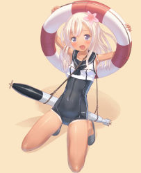 Rule 34 | 10s, 1girl, blonde hair, crop top, flower, hair flower, hair ornament, highres, kantai collection, lifebuoy, long hair, one-piece swimsuit, ro-500 (kancolle), sailor collar, school swimsuit, swim ring, swimsuit, swimsuit under clothes, tan, tanline, torpedo, tougetsu gou